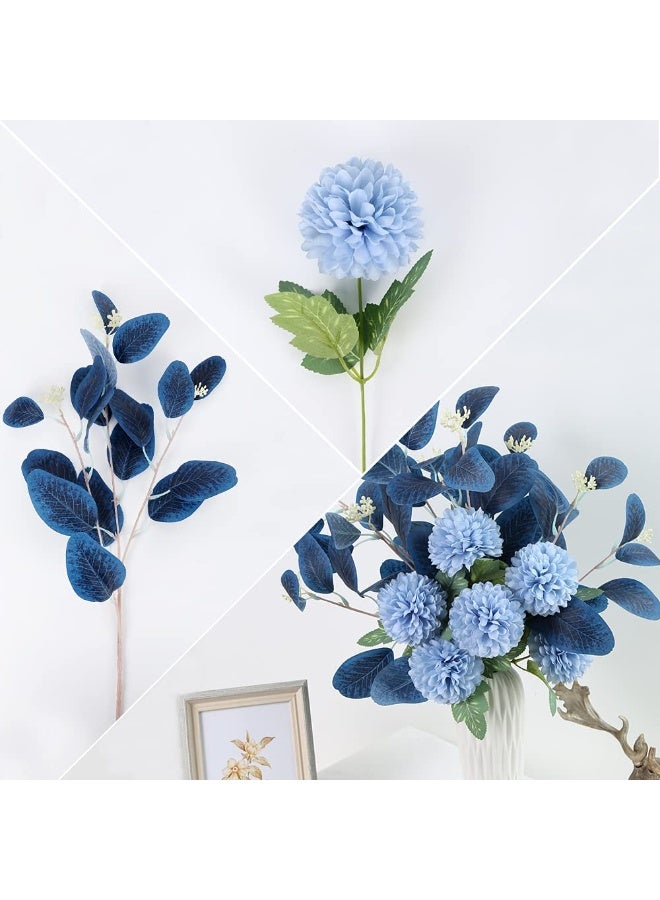 Chrysanthemum Flowers Blue Artificial Eucalyptus Silk Flowers for Home Decor Indoor Dining Table Decor (Dark Blue) - Image 2